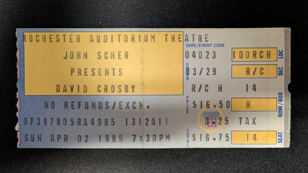 David Crosby ticket, Rochester NY 1989
